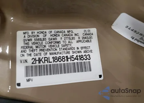 2001 Honda Odyssey Ex z USA, uszkodzony, nr VIN 2HKRL18681H541833